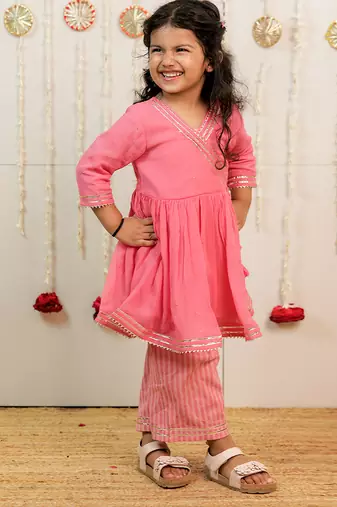 Pink peach embroidered georgette angrakha kurti set