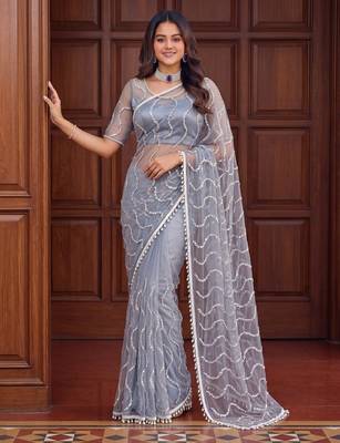Grey Color Beads Work Net Saree 1