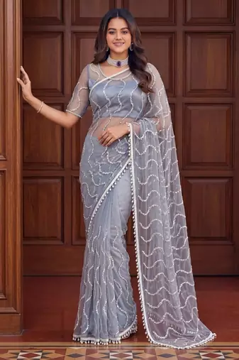 Grey Color Beads Work Net Saree
