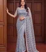 Grey Color Beads Work Net Saree