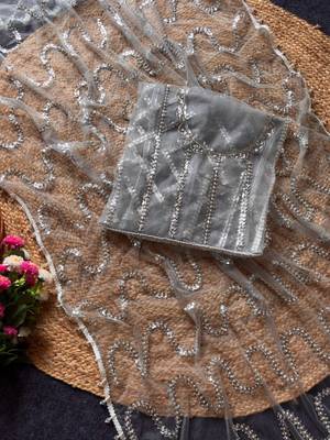 Grey Color Beads Work Net Saree 2