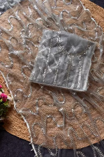 Grey Color Beads Work Net Saree