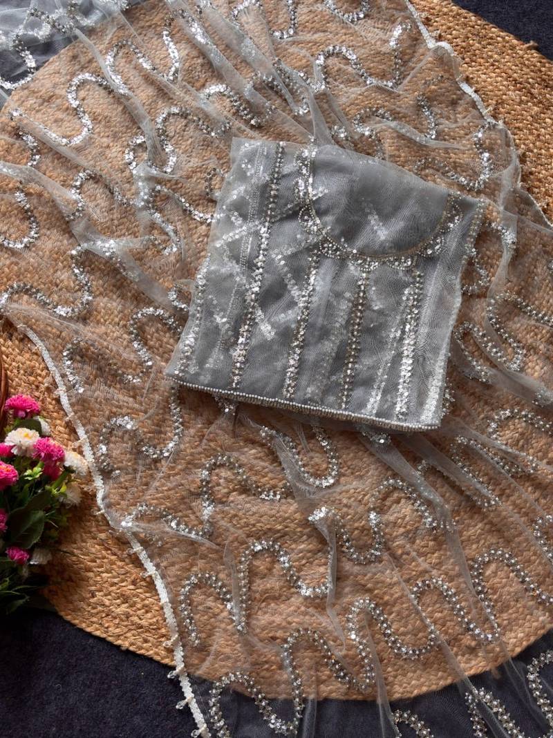 Grey Color Beads Work Net Saree