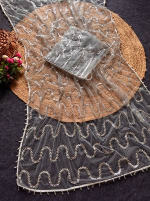 Grey Color Beads Work Net Saree 3