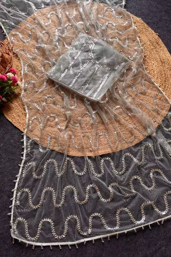 Grey Color Beads Work Net Saree