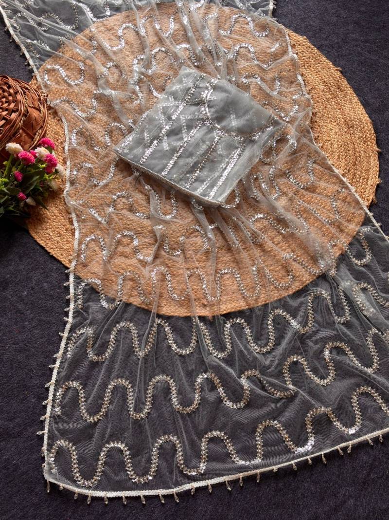 Grey Color Beads Work Net Saree