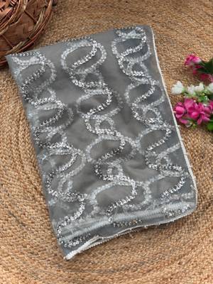Grey Color Beads Work Net Saree 4