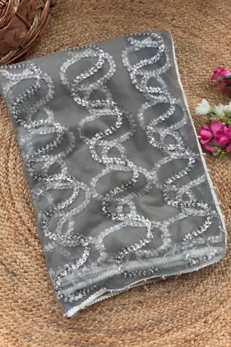 Grey Color Beads Work Net Saree