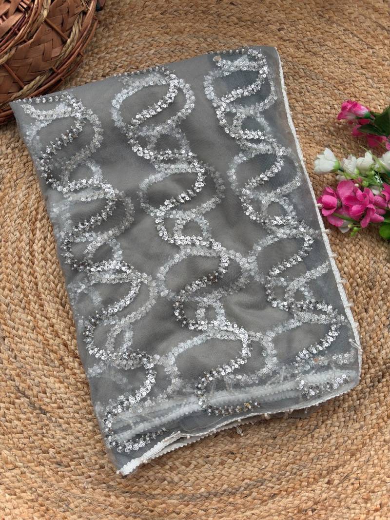 Grey Color Beads Work Net Saree