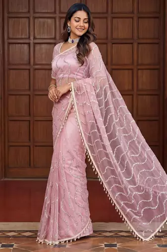 Light Pink Color Beads Work Net Saree