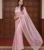 Light Pink Color Beads Work Net Saree