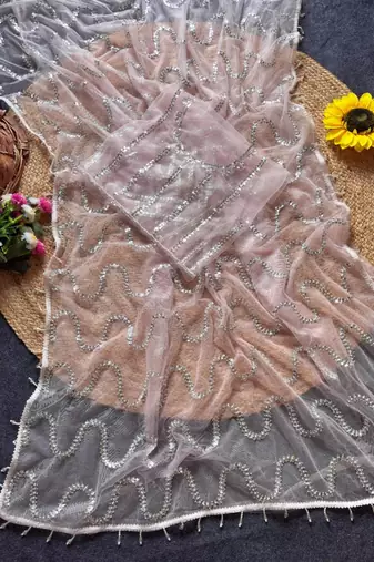 Light Pink Color Beads Work Net Saree