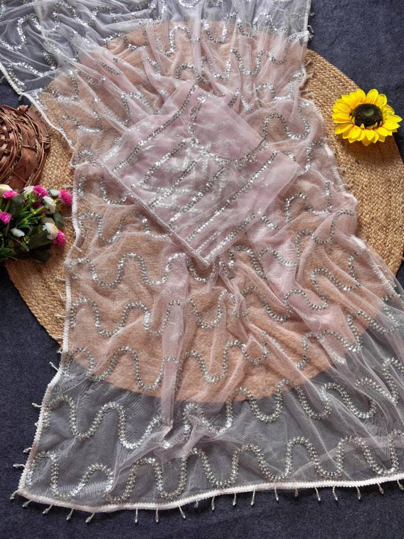 Light Pink Color Beads Work Net Saree