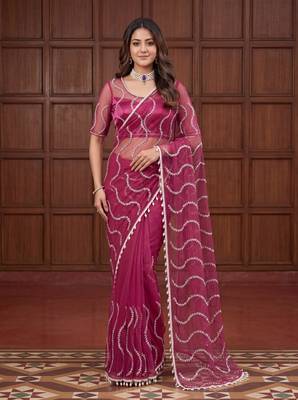 Magenta Color Beads Work Net Saree 1