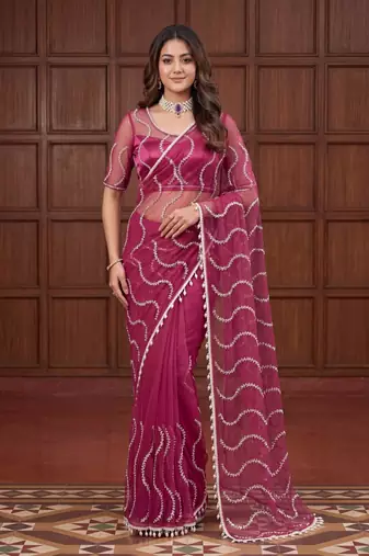Magenta Color Beads Work Net Saree