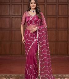 Magenta Color Beads Work Net Saree