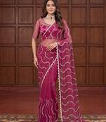 Magenta Color Beads Work Net Saree