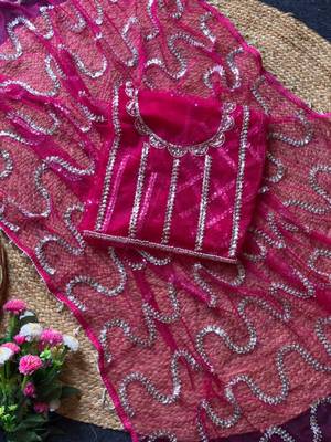 Magenta Color Beads Work Net Saree 2