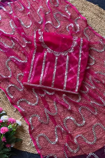Magenta Color Beads Work Net Saree