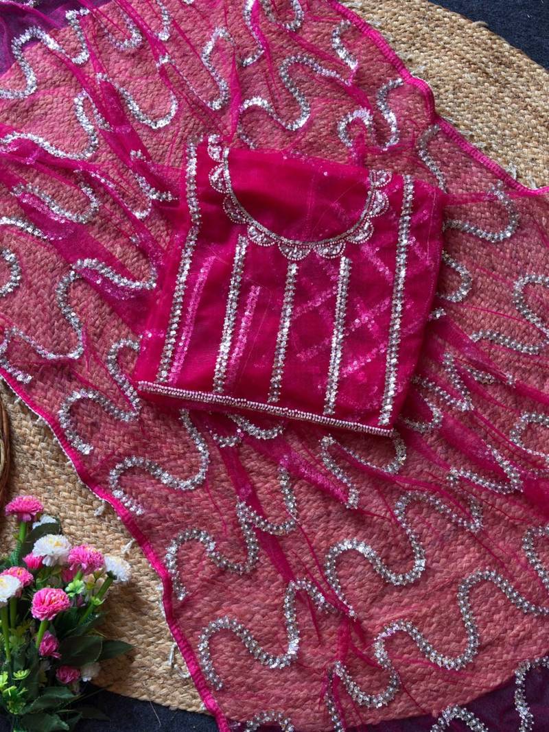 Magenta Color Beads Work Net Saree