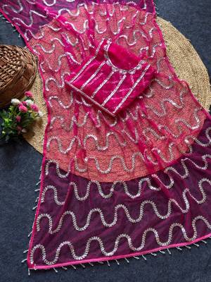 Magenta Color Beads Work Net Saree 3