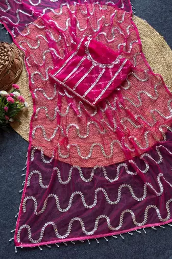 Magenta Color Beads Work Net Saree