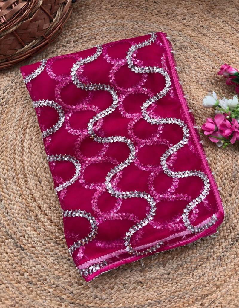 Magenta Color Beads Work Net Saree