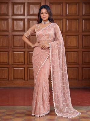 Peach Color Beads Work Net Saree 1