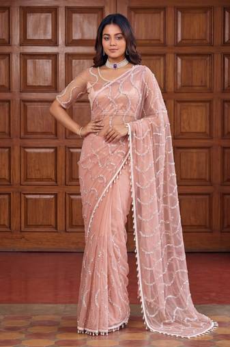 Peach Color Beads Work Net Saree