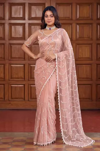 Peach Color Beads Work Net Saree