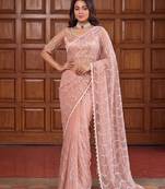 Peach Color Beads Work Net Saree
