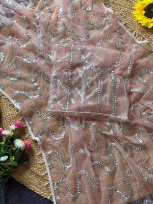 Peach Color Beads Work Net Saree 2