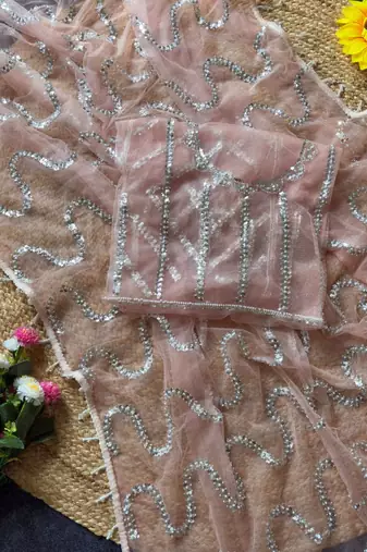 Peach Color Beads Work Net Saree