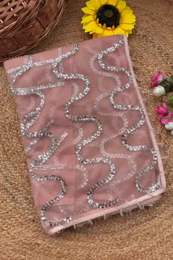 Peach Color Beads Work Net Saree