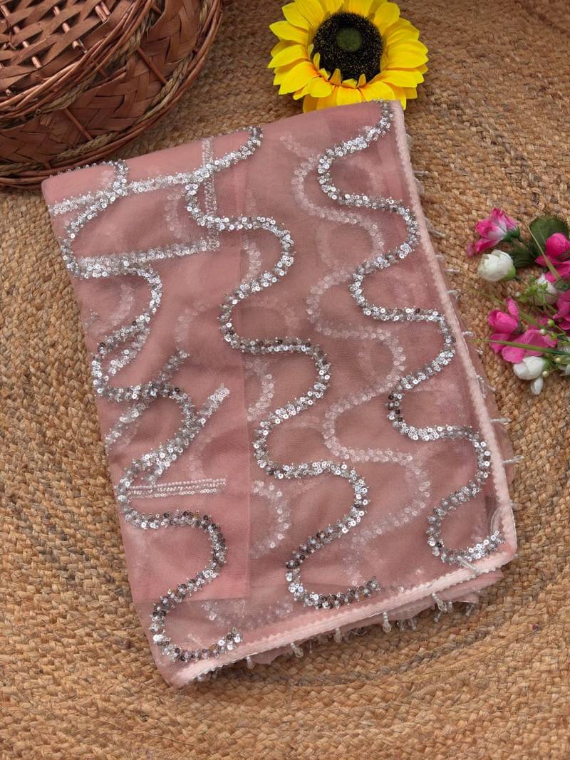Peach Color Beads Work Net Saree