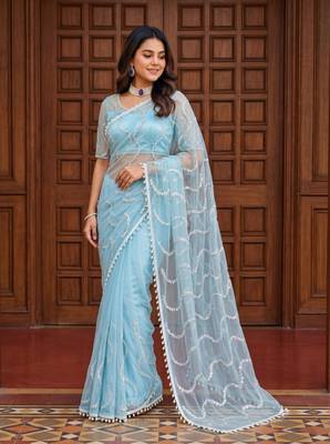 Sky Blue Color Beads Work Net Saree 1
