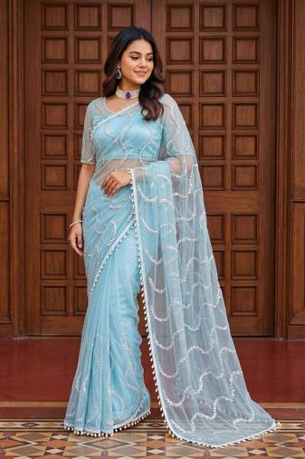 Sky Blue Color Beads Work Net Saree
