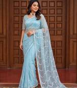 Sky Blue Color Beads Work Net Saree