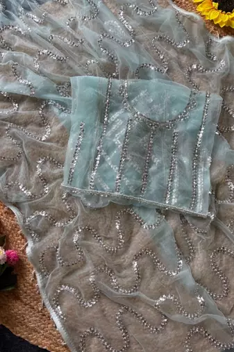Sky Blue Color Beads Work Net Saree