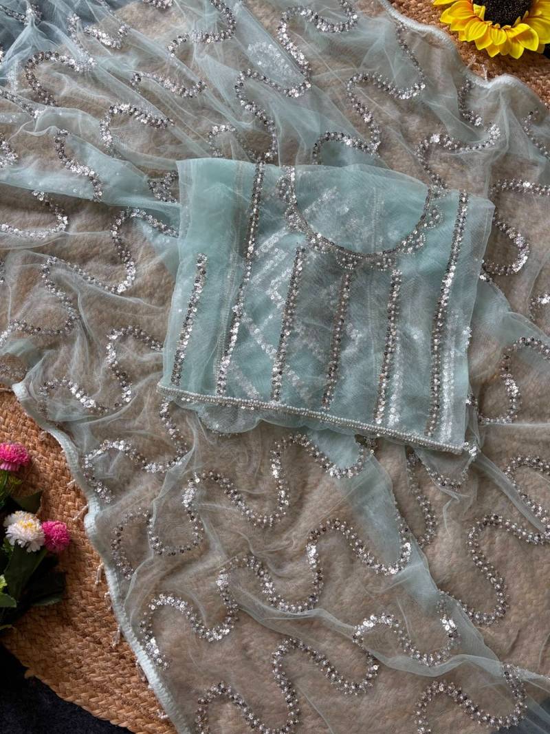 Sky Blue Color Beads Work Net Saree