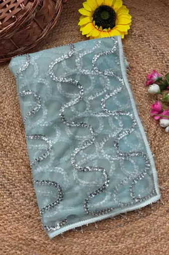 Sky Blue Color Beads Work Net Saree
