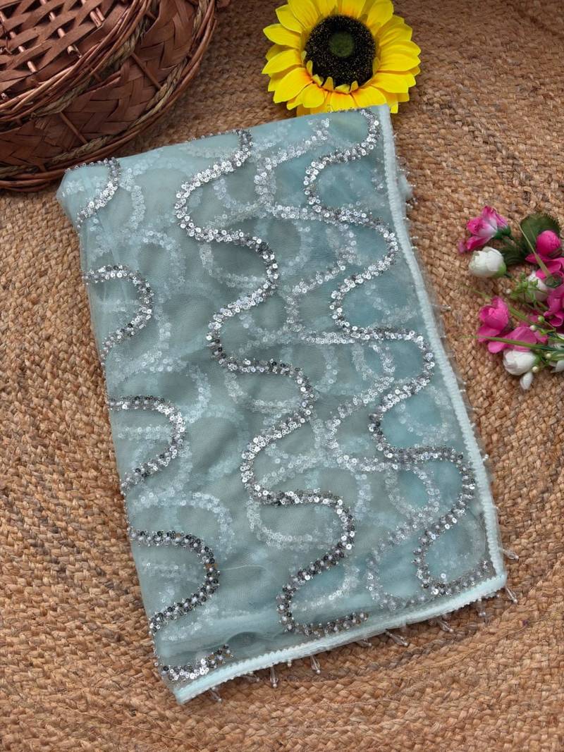 Sky Blue Color Beads Work Net Saree