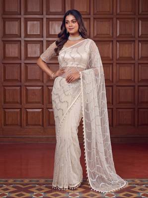 White Color Beads Work Net Saree 1
