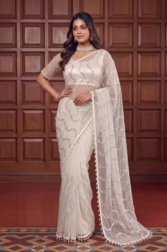 White Color Beads Work Net Saree