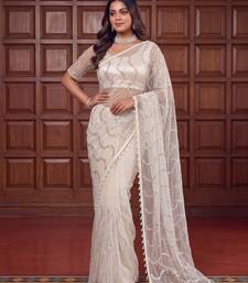 White Color Beads Work Net Saree
