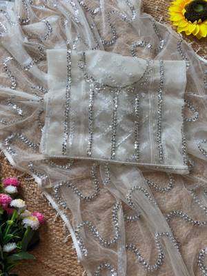 White Color Beads Work Net Saree 2