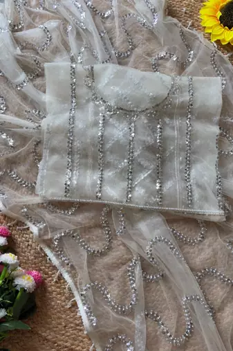 White Color Beads Work Net Saree