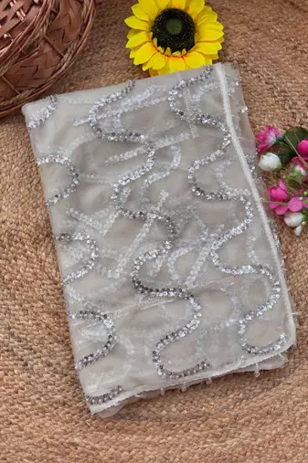 White Color Beads Work Net Saree