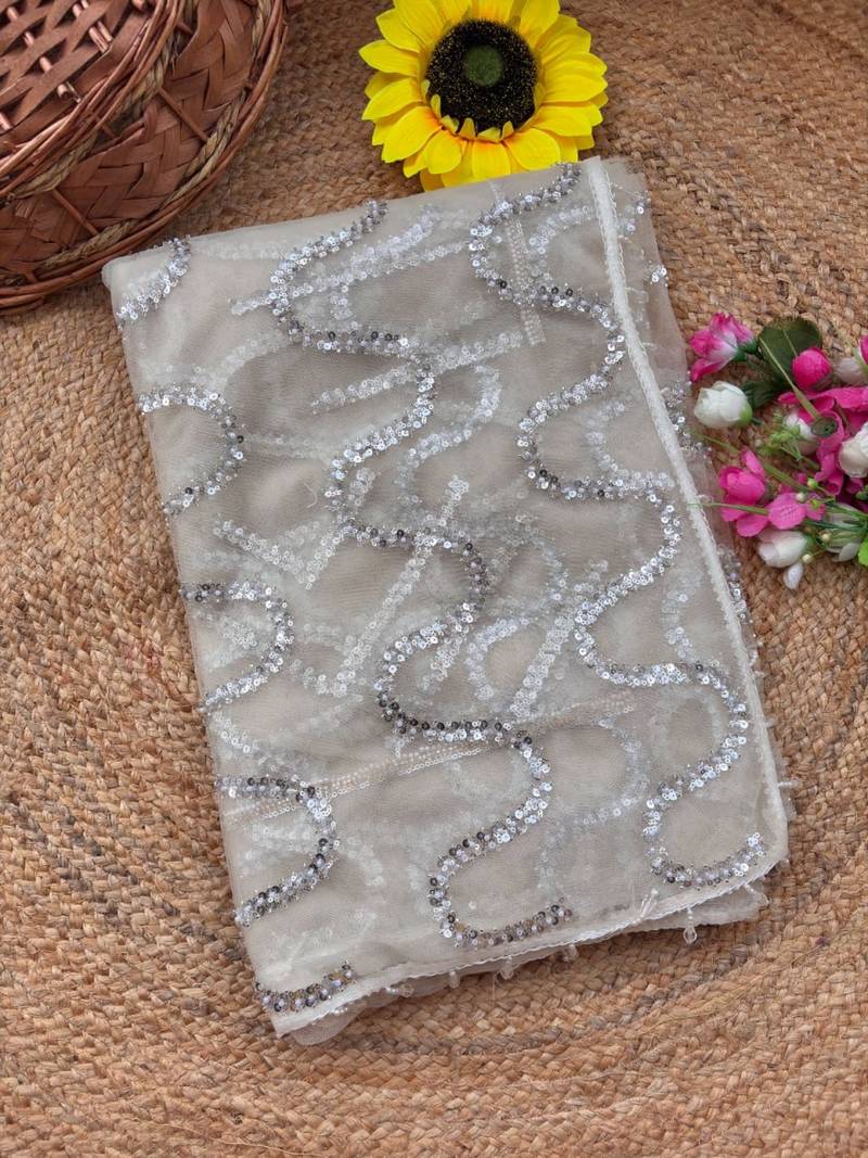 White Color Beads Work Net Saree