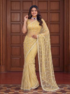 Yellow Color Beads Work Net Saree 1